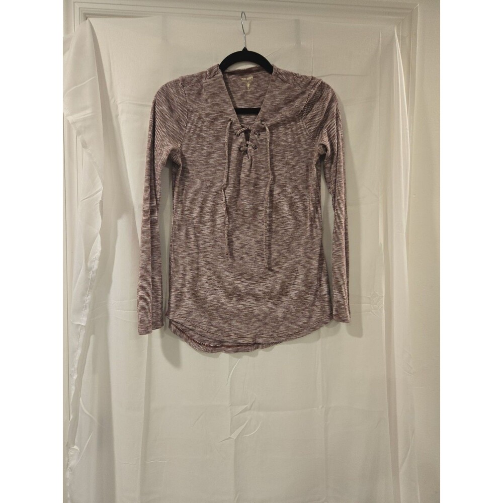 Ruff Hewn Maroon and White Striped Lace-Up V-Neck Long Sleeve Top